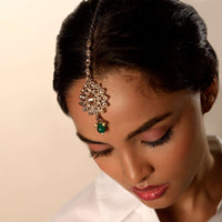 Gold Plated Mang Tika In Floral Motif With Semi Precious Crystals And Dangling Green Bead