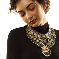 Gold Plated Mughal Inspired Necklace With Blue Enamelling And Kundan Work Along With Blue And Green Beads