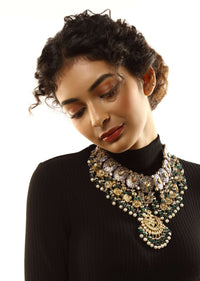 Gold Plated Mughal Inspired Necklace With Blue Enamelling And Kundan Work Along With Blue And Green Beads