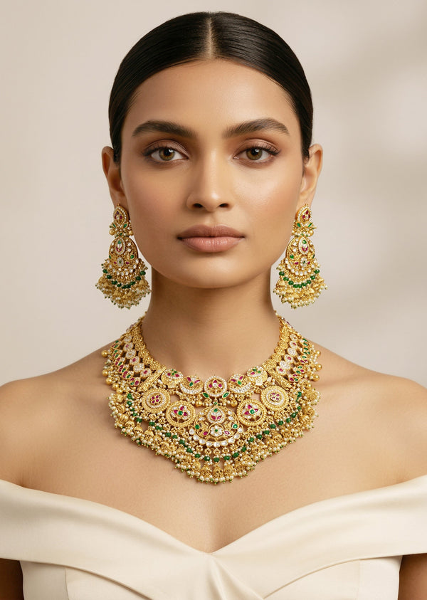 Gold Plated Multicolored Synthetic Stone Necklace Set With Earrings