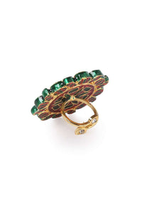 Gold Plated Navrattan Oversized Ring With Polki And Multi Colored Stone Work By Paisley Pop