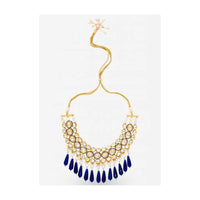 Gold Plated Necklace Adorned With Kundan, Pearls And Dangling Blue Beads By Prerto