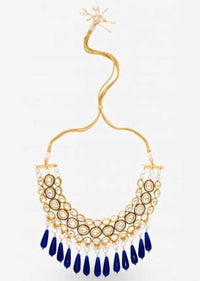 Gold Plated Necklace Adorned With Kundan, Pearls And Dangling Blue Beads By Prerto