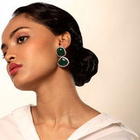 Grey Toned Earrings With Dark Green Semi Precious Stones Edged With Swarovski Crystals