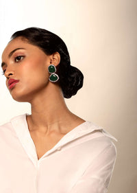 Grey Toned Earrings With Dark Green Semi Precious Stones Edged With Swarovski Crystals