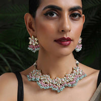 Gold Plated Necklace And Earrings Set With Kundan In Floral Motifs Along With Dangling Pink And Turquoise Beads By Paisley Pop