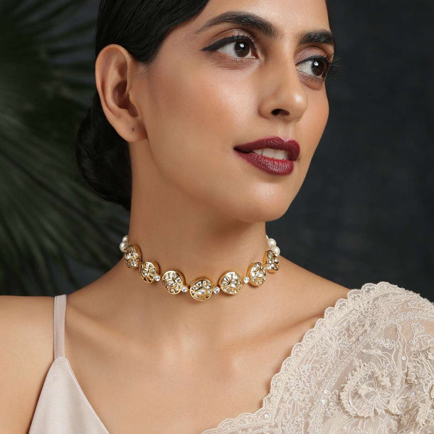 Gold Plated Necklace Handcrafted With Kundan Detailing Along With Pearl Accents By Paisley Pop