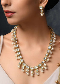 Gold Plated Necklace Handcrafted With Square Kundan Work And Lined With Moti Detailing By Paisley Pop