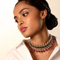 Gold Plated Necklace With Semi Precious Green Stone And Kundan Work In Geometric Motifs Along With Rani Pink Bead Tassels