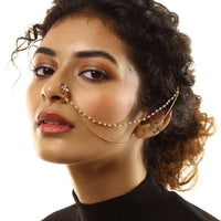 Gold Plated Nose Pin With A Three Petal Flower Embellished In Kundan And A Round Red Stone