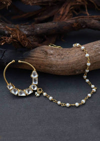 Gold Plated Nose Ring Intricately Put Together With Fascinating Shapes Of Kundan And Shell Pearl Detailing By Paisley Pop