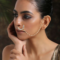 Gold Plated Nose Ring Intricately Put Together With Fascinating Shapes Of Kundan And Shell Pearl Detailing By Paisley Pop