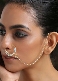 Gold Plated Nose Ring Intricately Put Together With Fascinating Shapes Of Kundan And Shell Pearl Detailing By Paisley Pop