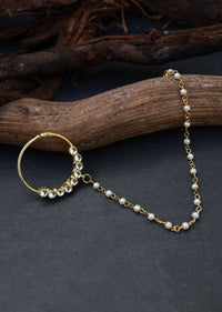 Gold Plated Nose Ring Intricately Put Together With Round Kundan And Shell Pearl Detailing By Paisley Pop