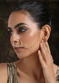 Gold Plated Nose Ring Intricately Put Together With Round Kundan And Shell Pearl Detailing By Paisley Pop