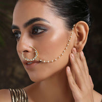 Gold Plated Nose Ring Intricately Put Together With Round Kundan And Shell Pearl Detailing By Paisley Pop