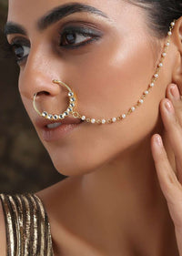 Gold Plated Nose Ring Intricately Put Together With Round Kundan And Shell Pearl Detailing By Paisley Pop