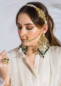 Gold Plated Nose Ring Strung With Delicate Pearls And Green Beads By Prerto
