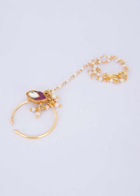 Gold plated nose ring with attached moti chain string only on Kalki