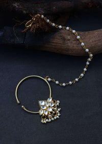 Gold Plated Nose Ring With Kundan In Floral Design Along With Dangling Pearl Tassels By Paisley Pop