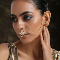 Gold Plated Nose Ring With Kundan In Floral Design Along With Dangling Pearl Tassels By Paisley Pop