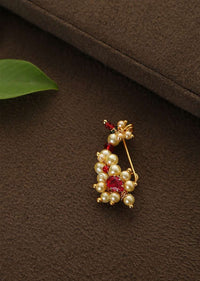 Gold Plated Nosepin With Delicate Floral Pearls And Red Beads