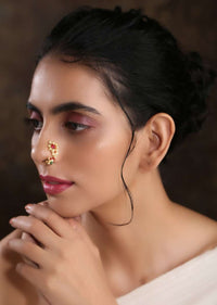 Gold Plated Nosepin With Delicate Floral Pearls And Red Beads