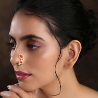 Gold Plated Nosepin With Delicate Floral Pearls And Red Beads