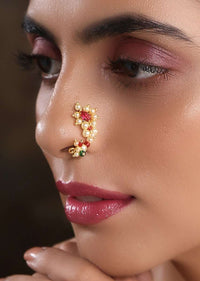 Gold Plated Nosepin With Delicate Floral Pearls And Red Beads