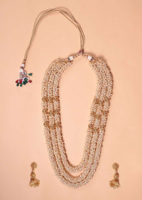 Gold Plated Pearls Multistrand Necklace And Dangling Jhumkas Set With Carved Design Online - Kalki Fashion