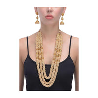 Gold Plated Pearls Multistrand Necklace And Dangling Jhumkas Set With Carved Design Online - Kalki Fashion