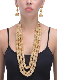 Gold Plated Pearls Multistrand Necklace And Dangling Jhumkas Set With Carved Design Online - Kalki Fashion