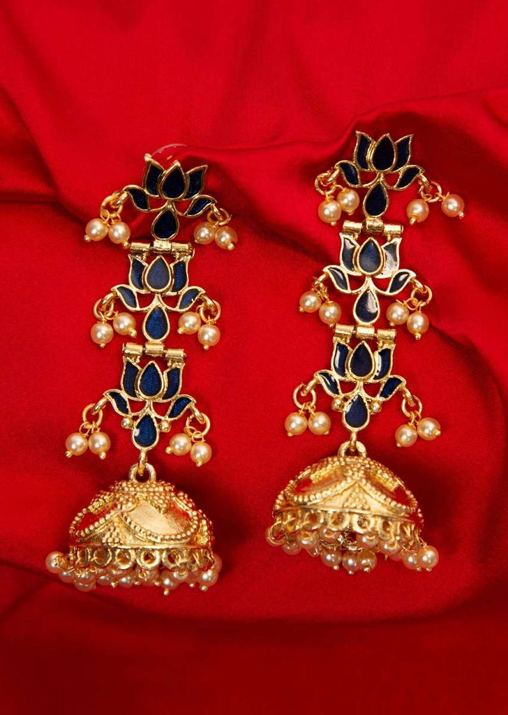 Gold plated persian blue lotus dangler jhumkas