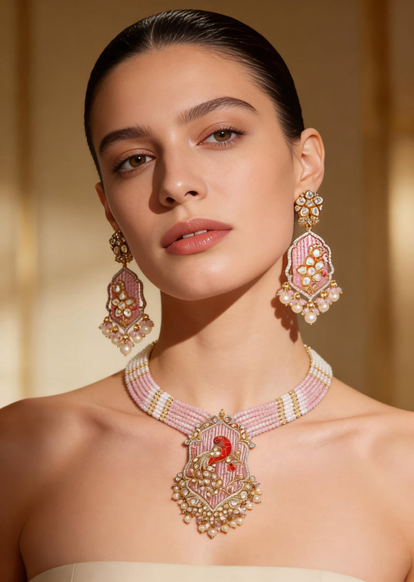Gold Plated Pink And White Beads Long Necklace Set With Earrings