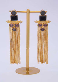 Gold plated sleek tassel earring adorn with black and amethyst semi precious stone only on kalki