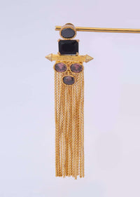 Gold plated sleek tassel earring adorn with black and amethyst semi precious stone only on kalki