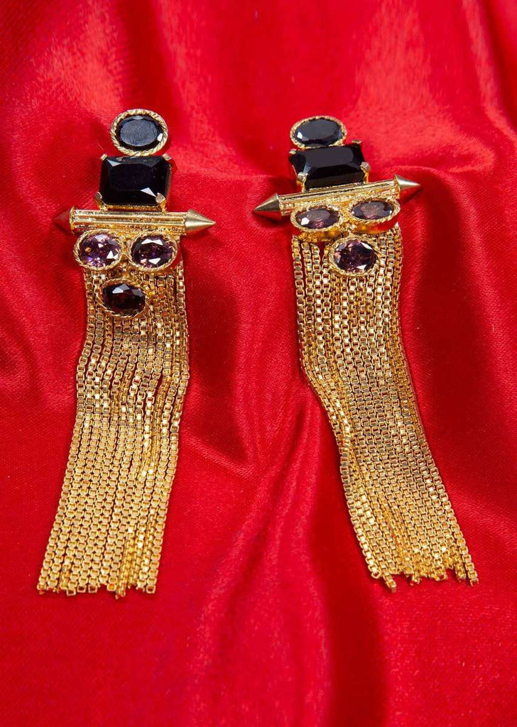 Gold plated sleek tassel earring adorn with black and amethyst semi precious stone only on kalki