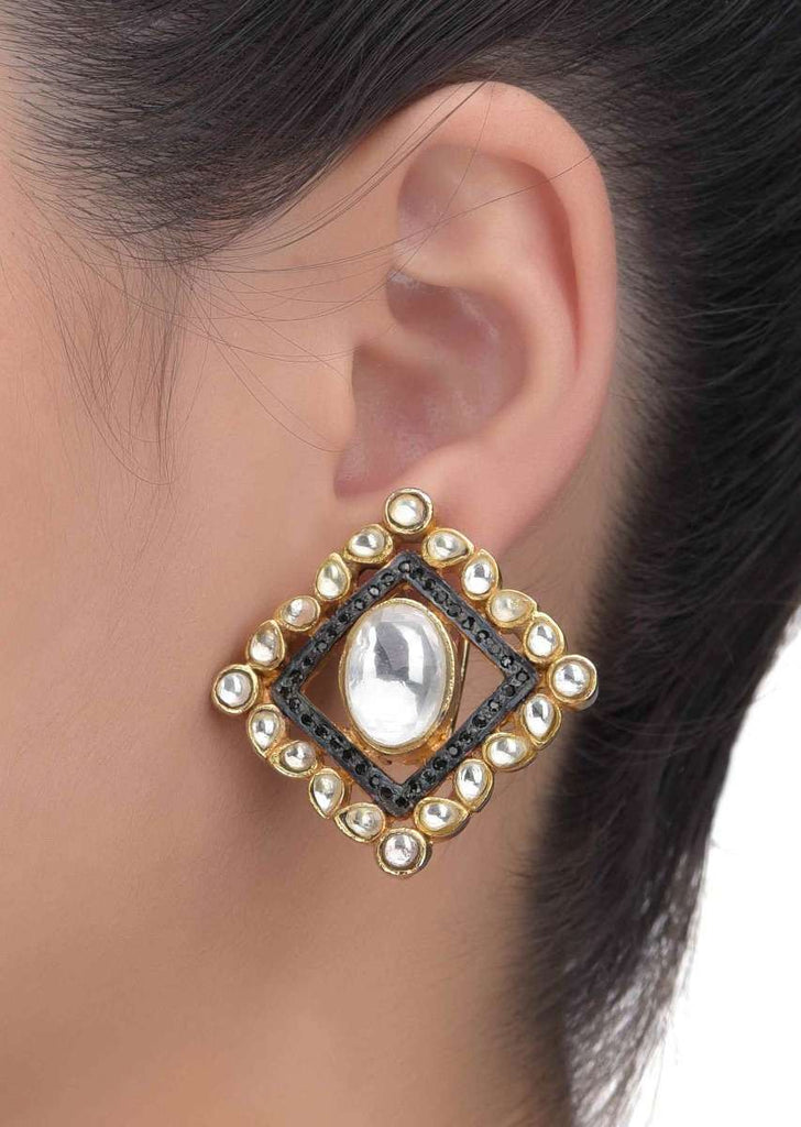 Gold Plated Square Stud Earrings With Kundan And Black Stones Work Online - Kalki Fashion