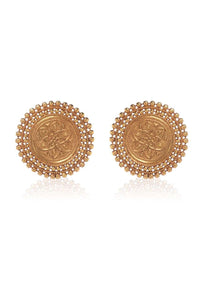 Gold Plated Stud Earrings With Intricate Temple Work Crafted In A Round Motif By Paisley Pop