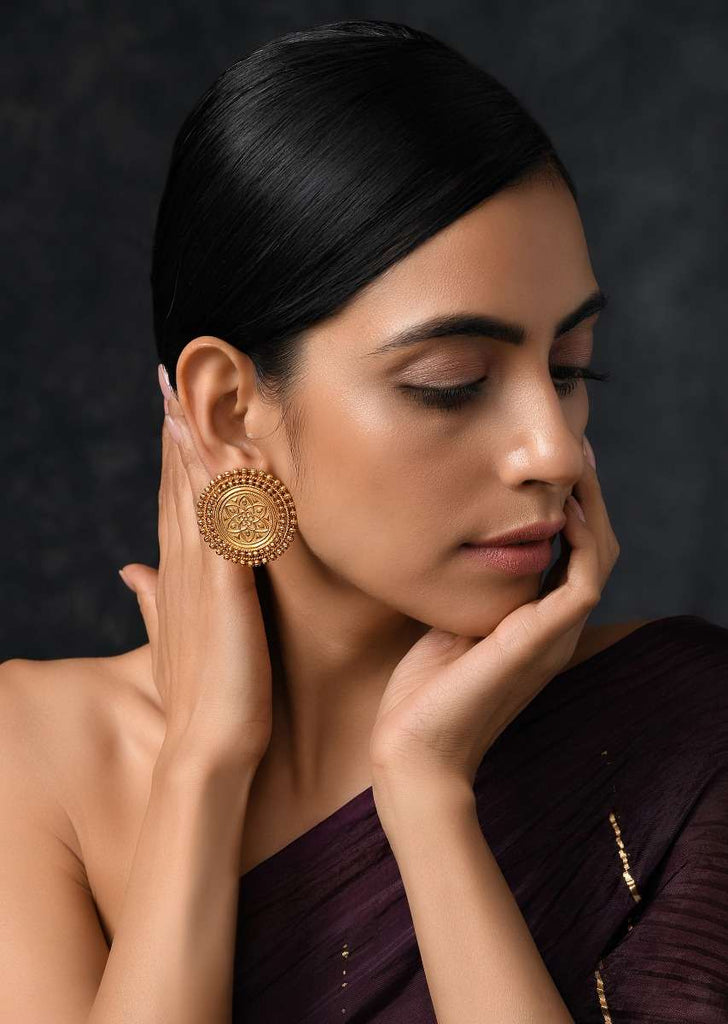 Gold Plated Stud Earrings With Intricate Temple Work Crafted In A Round Motif By Paisley Pop