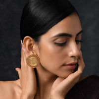 Gold Plated Stud Earrings With Intricate Temple Work Crafted In A Round Motif By Paisley Pop