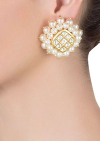 Gold Plated Stud Earrings With Kundan Centre And Pearls On The Edges By Aster