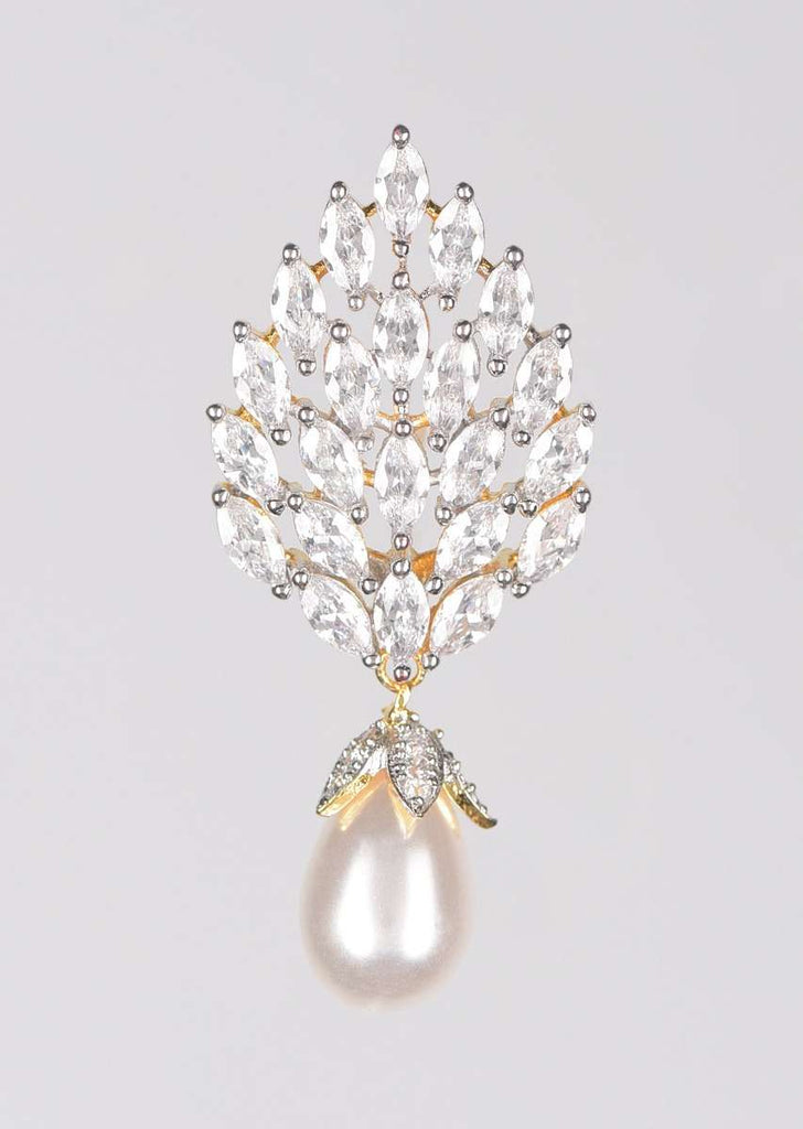 Gold Plated Studs With Crystals In Leaf Motif Along With Dangling Pearl Online - Kalki Fashion
