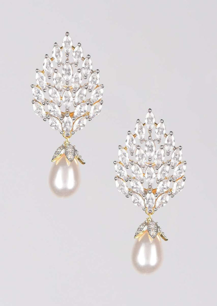 Gold Plated Studs With Crystals In Leaf Motif Along With Dangling Pearl Online - Kalki Fashion