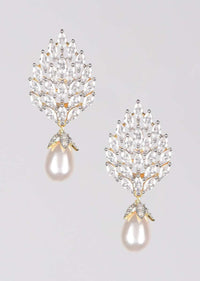 Gold Plated Studs With Crystals In Leaf Motif Along With Dangling Pearl Online - Kalki Fashion