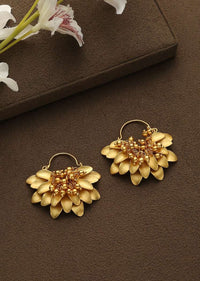 Gold Plated Temple Earrings With Emboss  Work And Dangling Bead Tassels In The Centre By Paisley Pop
