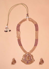 Gold Plated Temple Jewellery Set With Magenta Kundan And Matching Jhumkas Online - Kalki Fashion