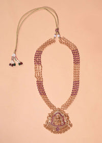 Gold Plated Temple Jewellery Set With Magenta Kundan And Matching Jhumkas Online - Kalki Fashion