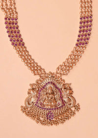 Gold Plated Temple Jewellery Set With Magenta Kundan And Matching Jhumkas Online - Kalki Fashion