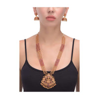 Gold Plated Temple Jewellery Set With Magenta Kundan And Matching Jhumkas Online - Kalki Fashion